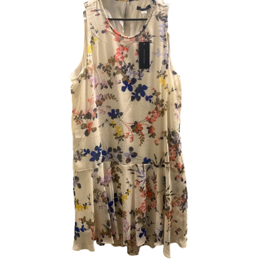 Womens White Floral Sleeveless Crew Neck Knee Length Party Fit + Flare Dress